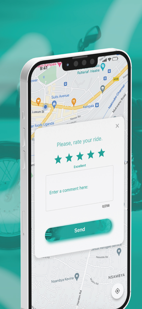 Ride Now - Uganda - Ride Now Uganda mobile app screen showing a five star rating prompt and comment box over a map of Kampala