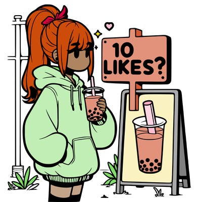 girl with oversized hoodie drinking boba and she has a high ponytail with a sign that says 10likes?