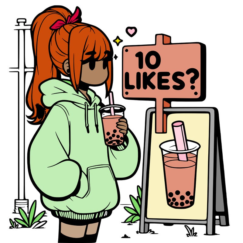 girl with oversized hoodie drinking boba and she has a high ponytail with a sign that says 10likes?