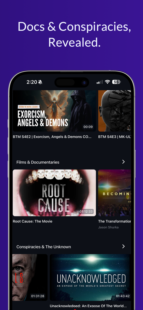 UNIFYD TV - UNIFYD TV mobile app interface showing categories for documentaries and conspiracy theories