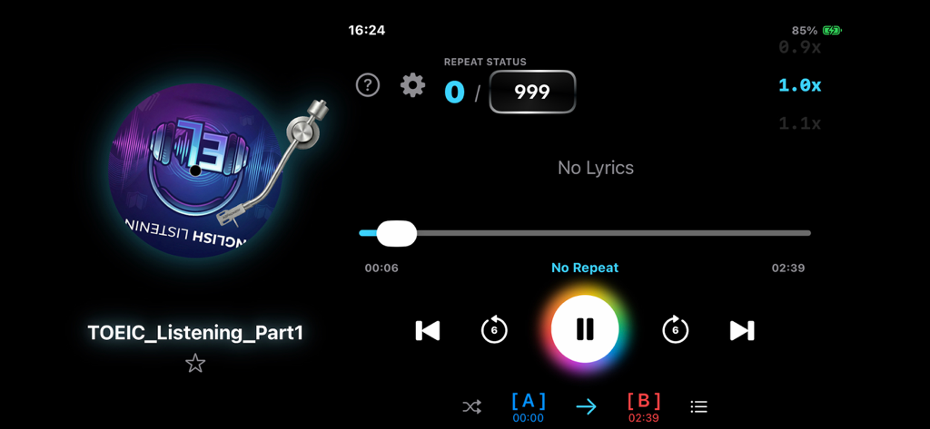 AB Repeater-  mp3 Music player - AB Repeater app interface showing language learning playback with A-B repeat and speed controls