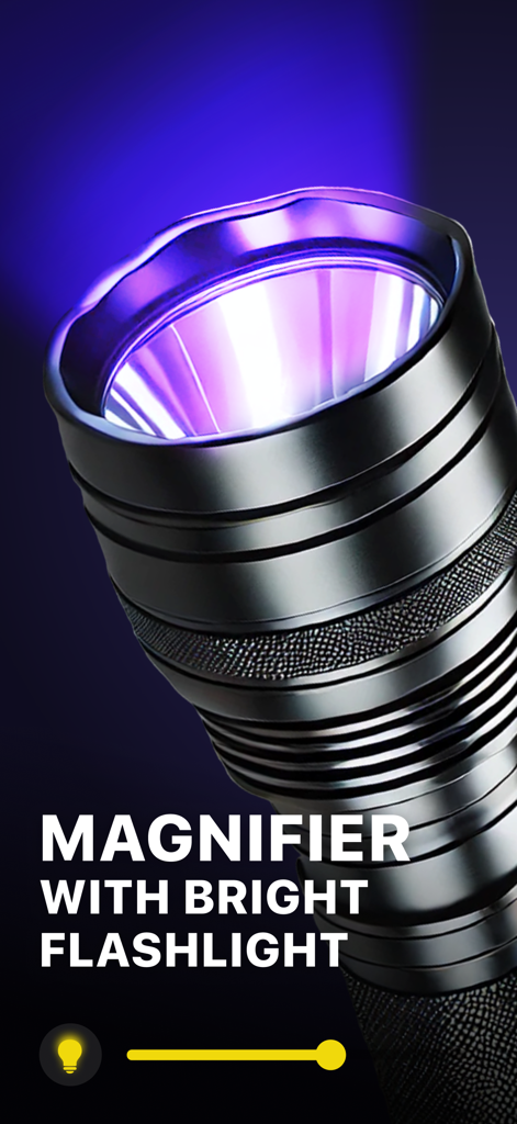 Magnifying Glass * Flashlight - A metallic flashlight emitting a bright light with the text magnifier with bright flashlight and a brightness slider