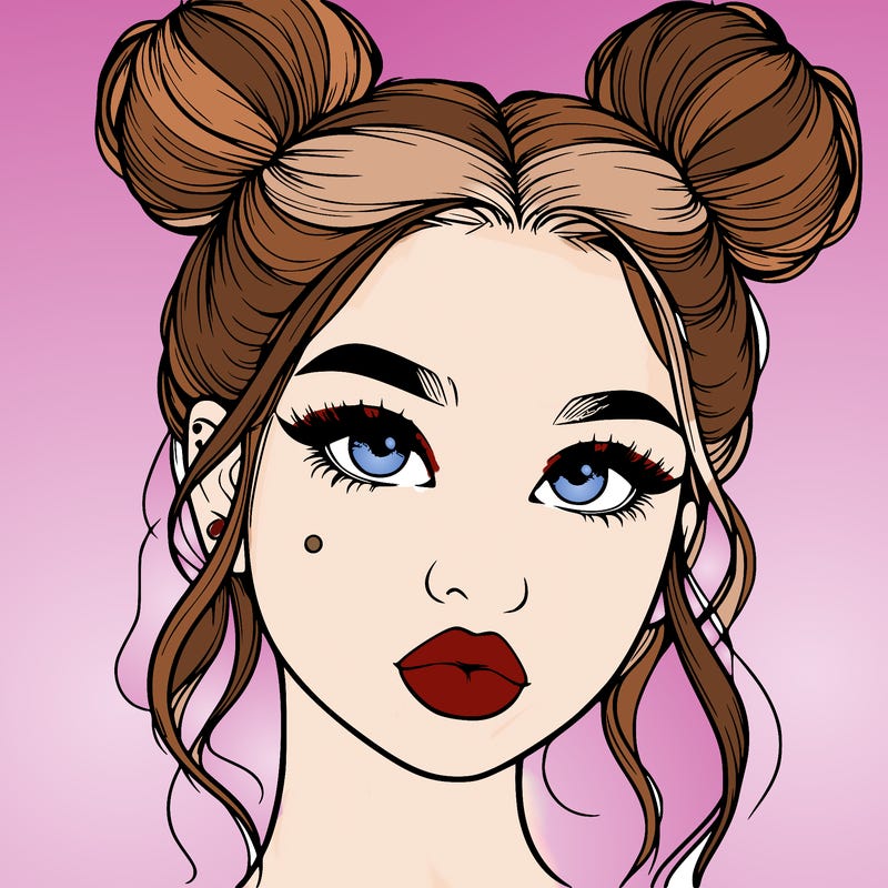 realistic girl with two buns on her hair and lips