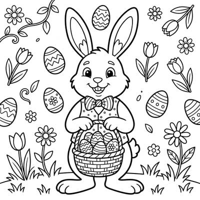 Bring the magic of Easter to life with this adorable coloring page featuring a happy Easter Bunny. Kids will love coloring the bunny, its festive egg basket, and the charming spring elements surrounding it.