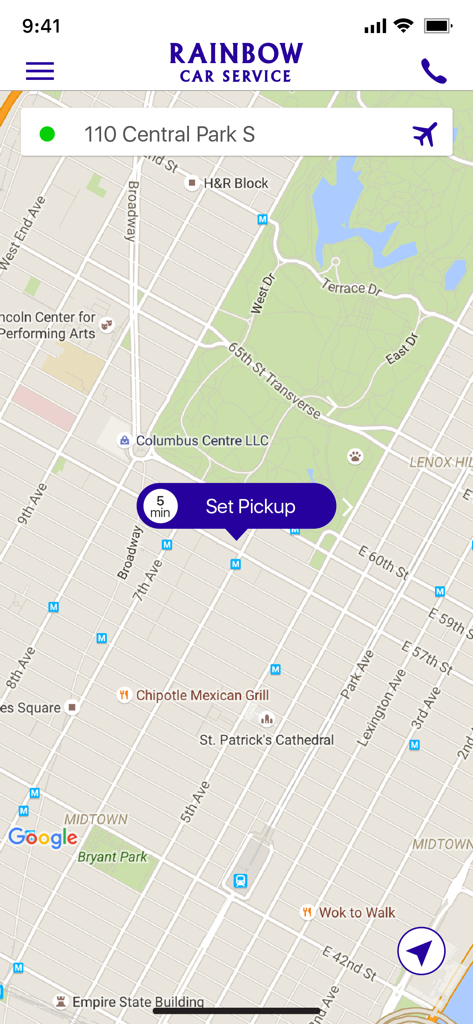 Rainbow Car Service - Rainbow Car Service mobile app interface displaying a map of Manhattan with a set pickup location button at 110 Central Park South