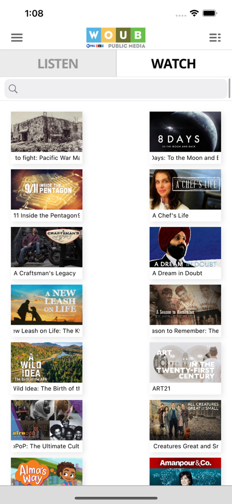 WOUB Public Media App - Screenshot of the WOUB Public Media App Watch screen featuring a grid of PBS documentary and educational program tiles