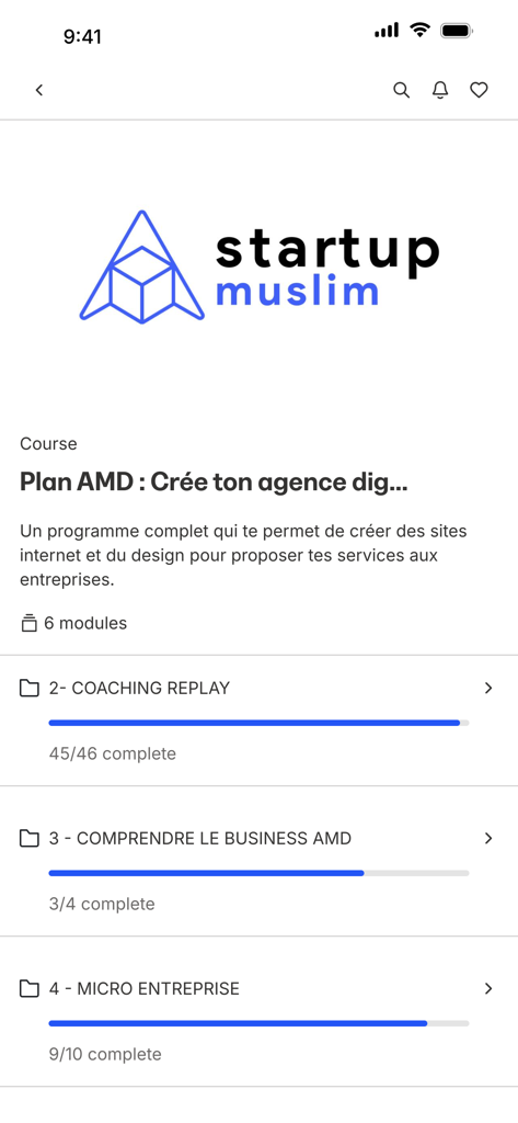 The Startup Muslim app interface displaying a digital agency creation course with multiple modules and progress tracking bars.