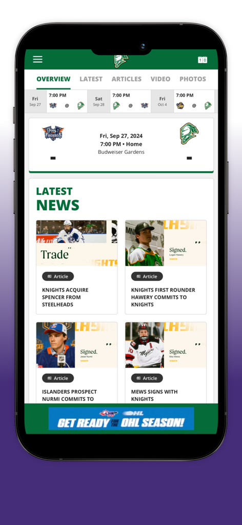 CHL official app interface displaying junior hockey news and game schedules