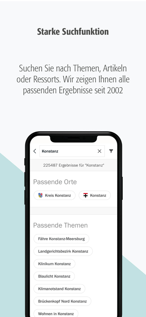 SÜDKURIER Online - Interfaz móvil de la aplicación SUEDKURIER Online mostrando la función de búsqueda con resultados de noticias locales para Constanza