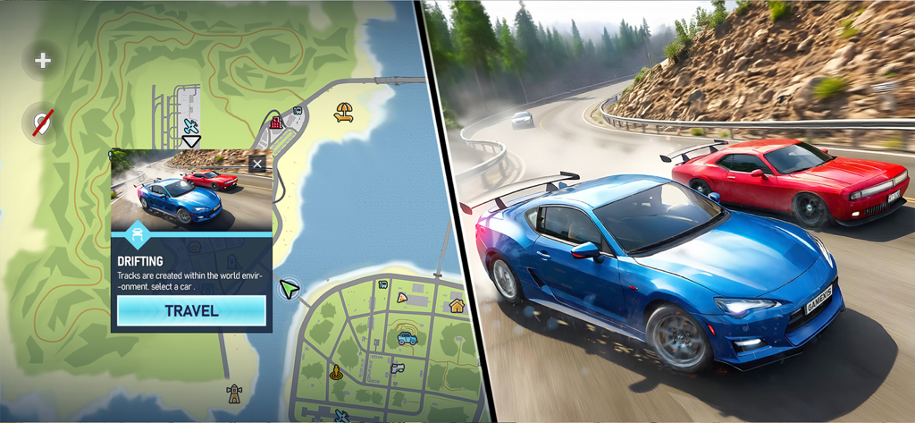 Street Rebel: Open World Game - Split screen showing an interactive game map and two sports cars drifting on a mountain road.