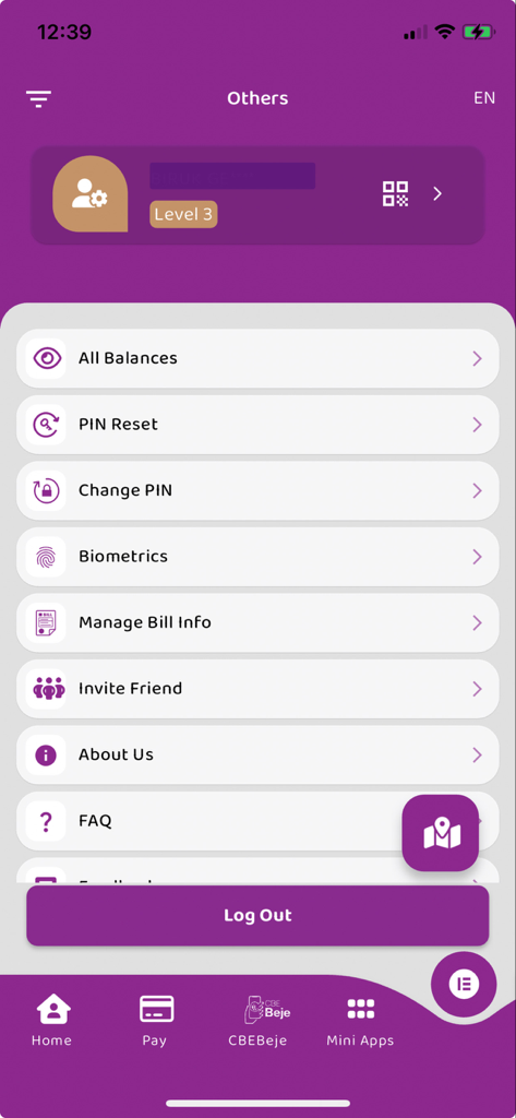 CBEBirr Plus - CBEBirr Plus app settings screen showing account options and logout button