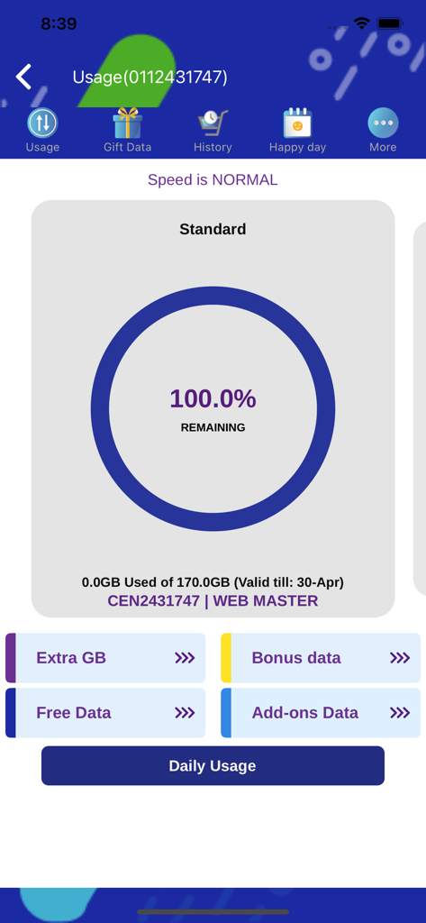 MySLT - MySLT app interface showing one hundred percent remaining data balance and usage tracking