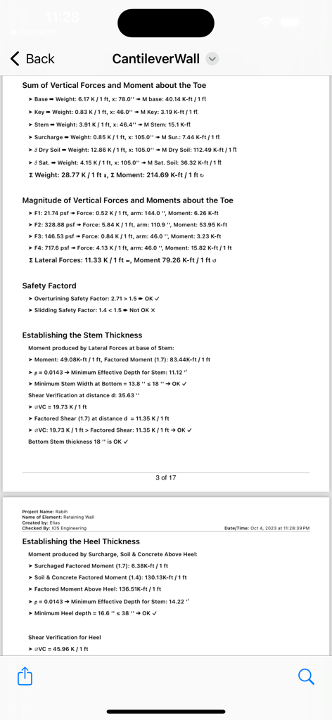 Informe detallado de cálculo estructural de un muro de contención en voladizo que muestra factores de seguridad y análisis de espesor de componente