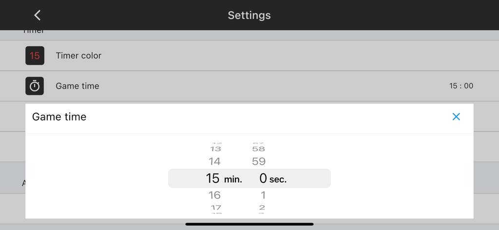 Netball Scoreboard - Game time picker in the Netball Scoreboard app settings menu