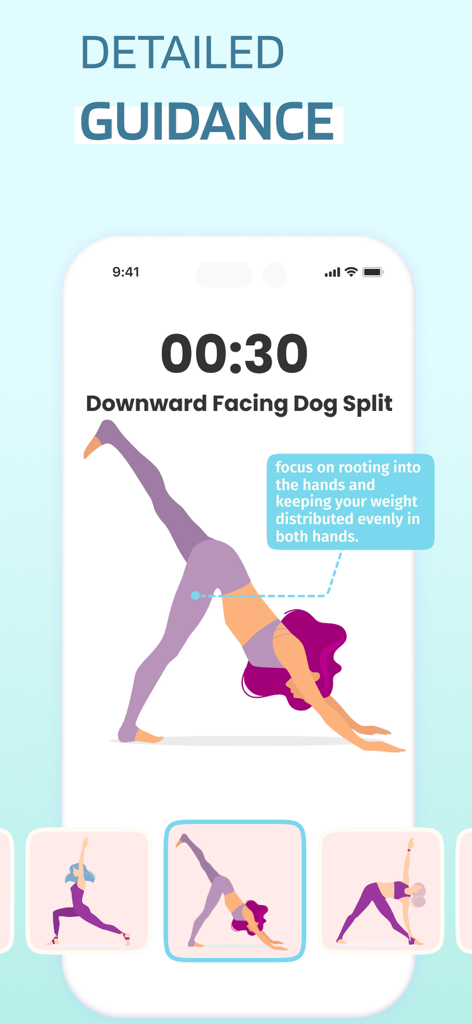 YogaFit app interface showing a downward facing dog split pose with instructional guidance
