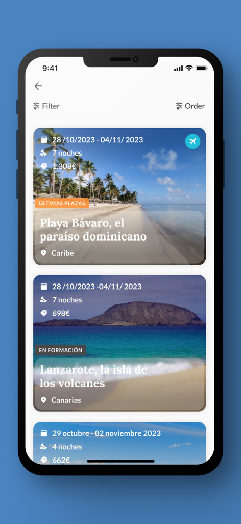 A list of group travel packages for solo travelers on the Uniite Travel app including trips to Playa Bavaro and Lanzarote