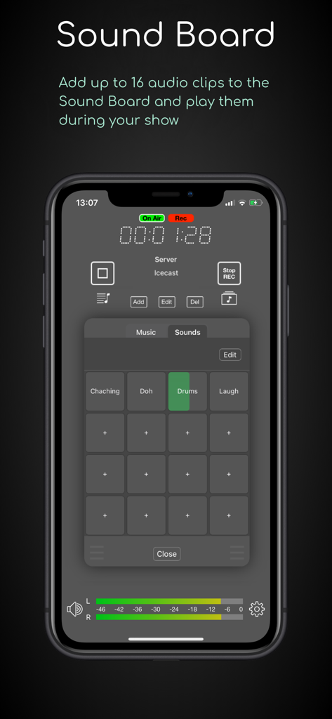 iziCast - iziCast app sound board feature showing 16 audio pads for live broadcasting