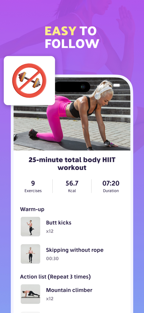 Fitease app interface showing a HIIT workout plan with a no equipment icon and a list of exercises like butt kicks and mountain climbers