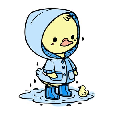 baby duck in a rain coat and boots, in a puddle while it’s raining