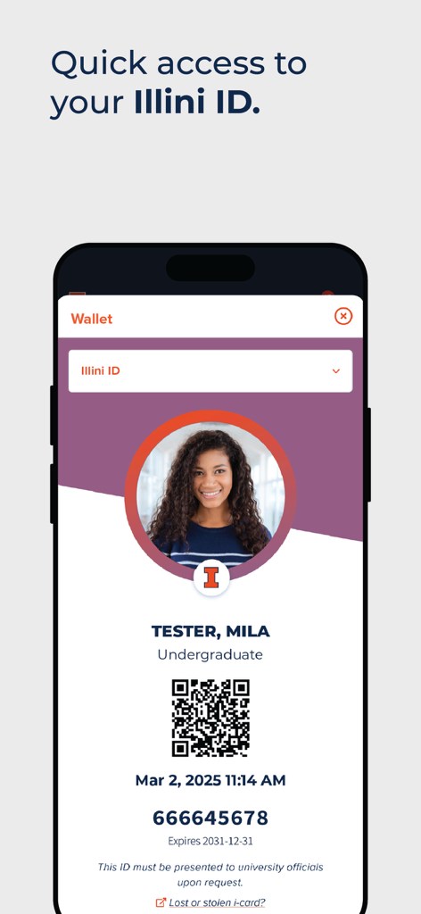 Illinois - Digital Illini ID card displayed on a smartphone within the Illinois app wallet.
