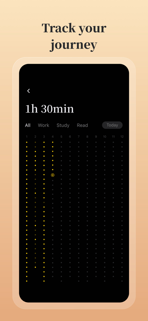 Mind Zen · Focus & Sleep Music - A minimalist dashboard in the Mind Zen app showing a focus time heat map with 1 hour and 30 minutes of tracked activity.