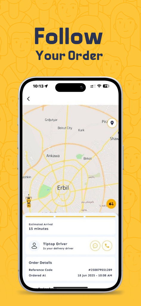 TipTop تيب توب - TipTop app screen showing real-time delivery tracking on a map of Erbil