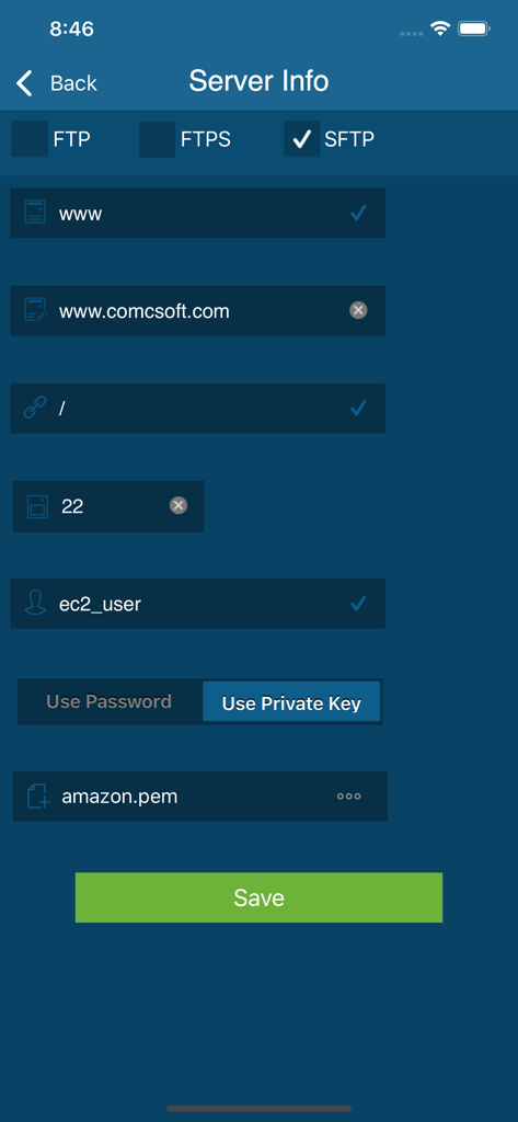 Tela de configuração do servidor SFTP no iTransfer Pro mostrando configurações de autenticação de chave privada