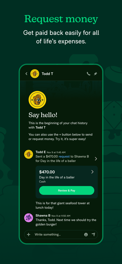 New Expensifyモバイルアプリのインターフェース。送金リクエストと、確認して支払うボタンを含むチャット会話が表示されています。