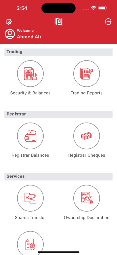 Maqasa Online - Maqasa Online mobile app dashboard featuring trading registrar and financial services