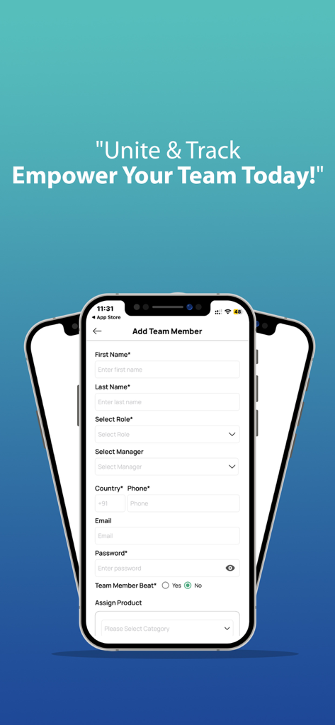 Sales-Tracker - Mobile app interface showing a form to add a new team member with fields for name role and contact information