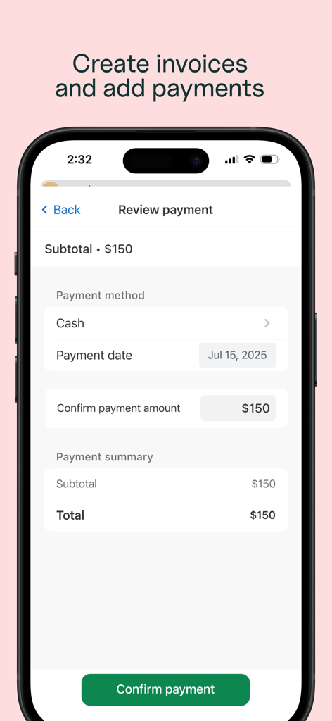 SimplePractice app interface for clinicians to review and confirm client payments