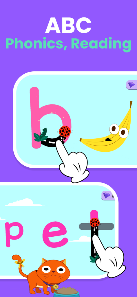 Educational app screen for tracing letters and learning phonics with interactive ladybug and animal characters