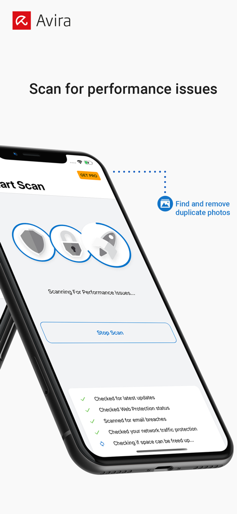 Avira Mobile Security - Avira App-Oberfläche, die iPhone-Leistungsprobleme und doppelte Fotos scannt