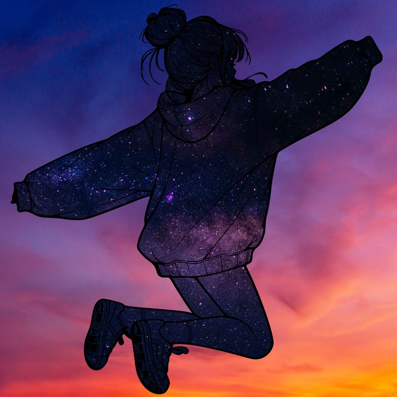 realistic girl jumping with a bun and oversized sweatshirt