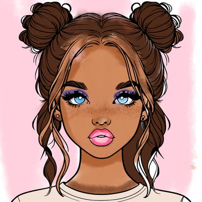 realistic girl with two buns in hair and lips