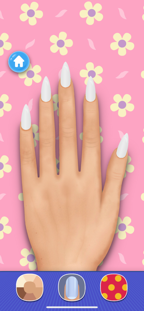 Girls Nail Salon: Paint,Polish - Una mano con uñas acrílicas blancas largas siendo personalizadas en la aplicación Girls Nail Salon