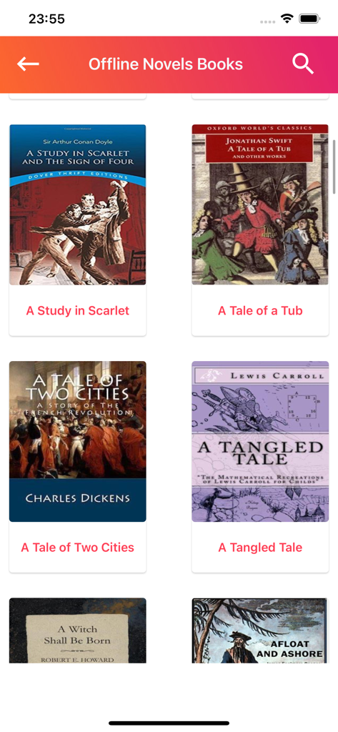 Interfaccia della libreria digitale dell'app Libri Romanzi Inglesi che mostra le copertine di romanzi classici come Sherlock Holmes e Racconto di due città