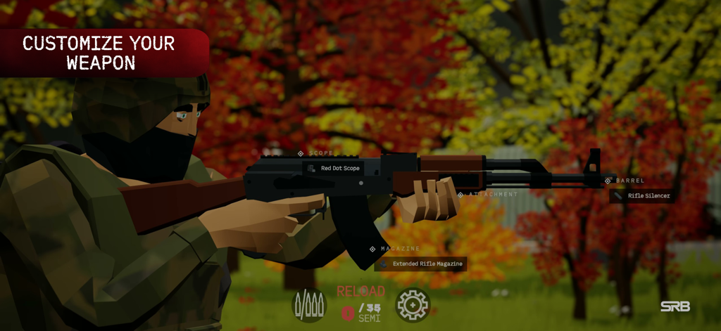 FateZ: Zombie Survival - Un personaje low poly personalizando un rifle de asalto con una mira de punto rojo y silenciador en FateZ Zombie Survival.