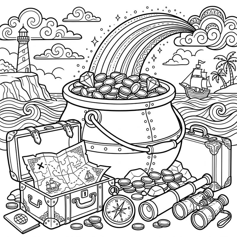 Get ready for an exciting journey with this Pot of Gold Vacation coloring page, where legendary riches meet the thrill of exploration. Featuring an overflowing pot, treasure maps, and exotic travel elements, it promises hours of creative fun.