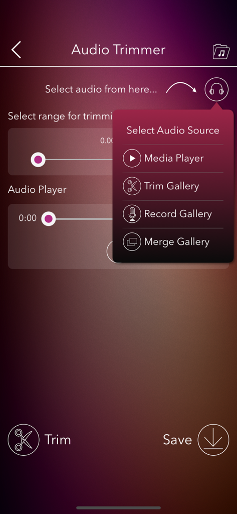 Schermata dell'app Editor Audio che mostra l'interfaccia del trimmer e il menu di selezione della sorgente.