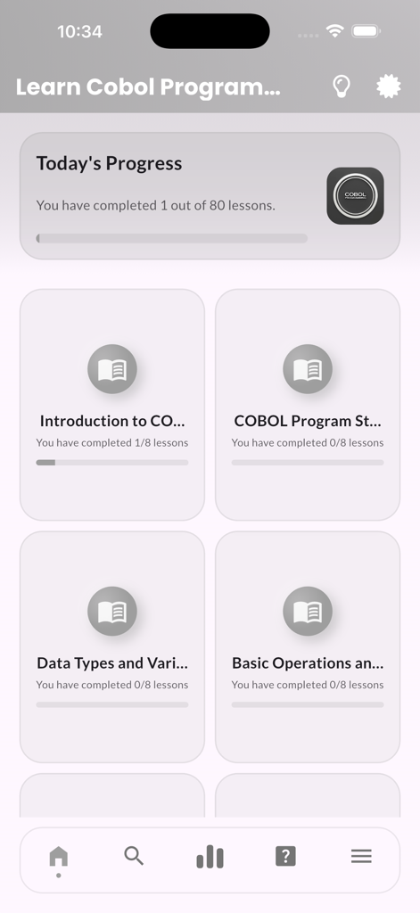 Learn Cobol Programming Pro - Dashboard of Learn Cobol Programming Pro app showing lesson progress and study modules.