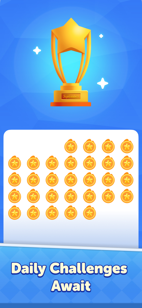 Word Solitaire Now! - Un trofeo dorado y una cuadrícula de calendario mensual llena de medallas de estrellas ganadas por desafíos diarios en Word Solitaire Now