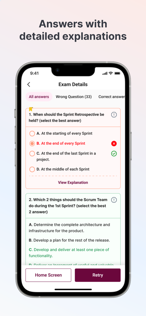 PSK Exam Simulator - Interfaz del Simulador de Examen PSK que muestra preguntas de práctica de Scrum con explicaciones detalladas de las respuestas