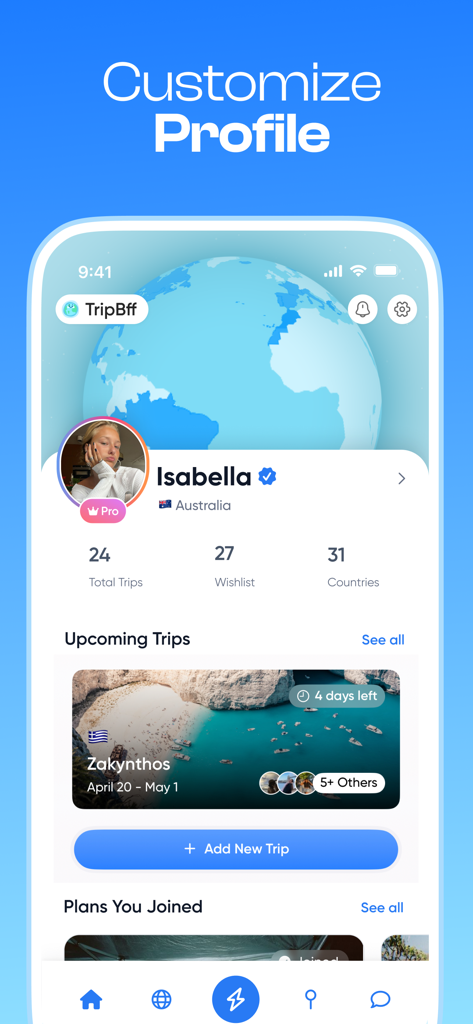 TripBFF - Solo Travel Friends - Ein mobiler App-Profilbildschirm, der die Reishistorie und bevorstehenden Reisen eines Alleinreisenden zeigt