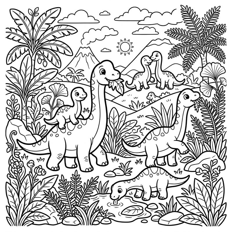 Step into a world of ancient wonders with this charming Baby Brachiosaurus coloring page, featuring a playful scene of young dinosaurs in a lush prehistoric environment. Perfect for dino-loving artists of all ages, this intricate linear design invites you to bring the past to life with your favorite colors.