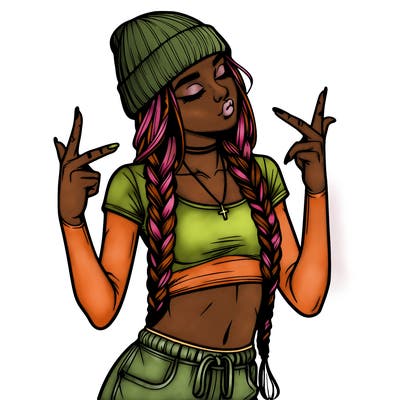 realistic teenage girl with braids and a beanie and crop top doing 🫶🏼