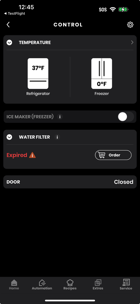 SmartHQ app interface displaying refrigerator and freezer temperatures and a water filter replacement alert