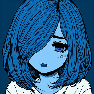 sad hyper realistic girl with shoulder length hair over one eye