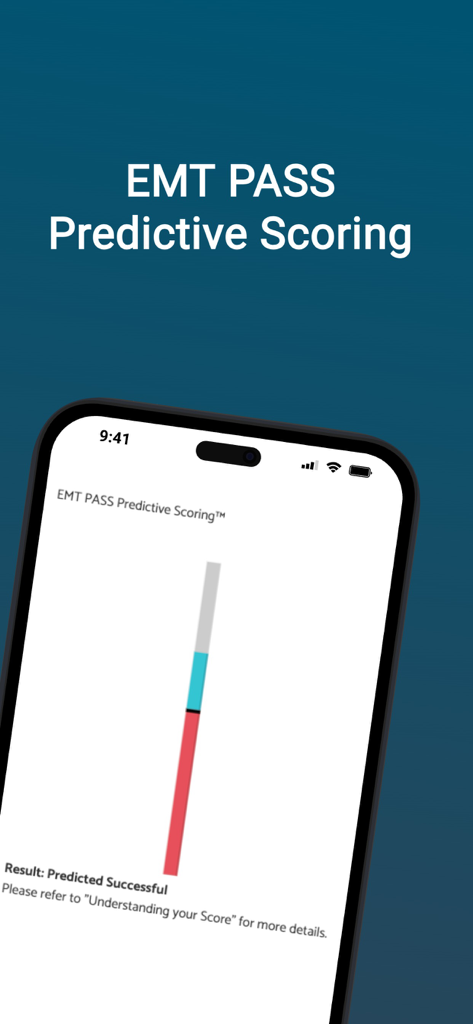 EMT PASS (new) - A smartphone displaying the EMT PASS predictive scoring screen with a result indicating predicted success for the NREMT exam.