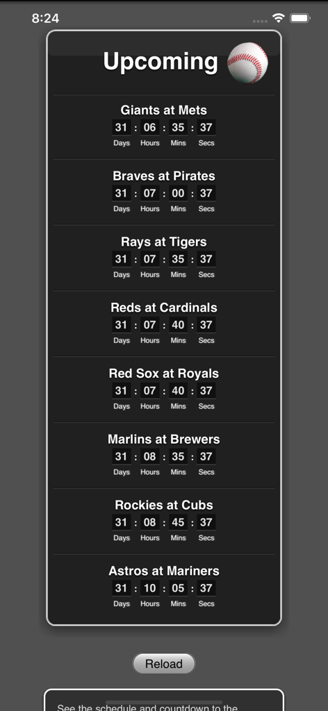 A list of upcoming MLB games showing a real-time countdown timer for each matchup